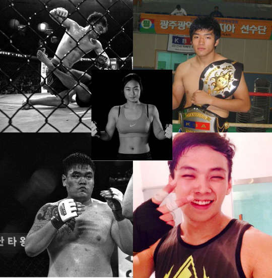 오는 29일 창원 풀만 앰배서더 호텔에서 열리는 종합격투스포츠(MMA) 대회 TOP FC7창원 '초심'에 팬들의 관심이 고조되고 있다. 위 왼쪽부터 시계방향으로 김은수, 정성직, 정다운, 이형철과 정유진(가운데). TOP FC 제공